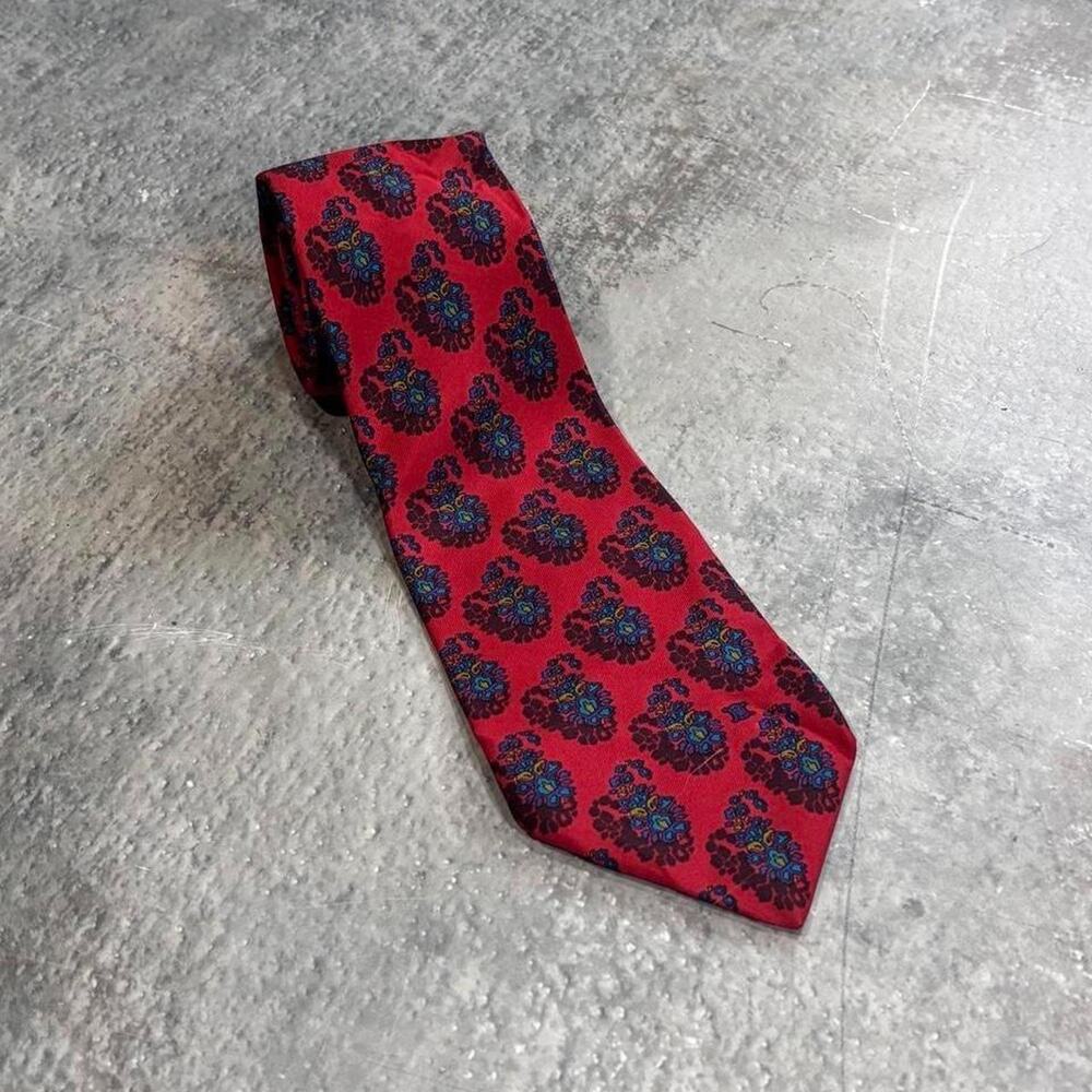 Vintage Celine Paris Silk Tie Floral Paisley Motif Red & Blue. Made in Spain